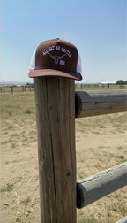 Brown and white trucker snapback hat with 'All Hat No Cattle' text on a wooden post with a rural landscape background.