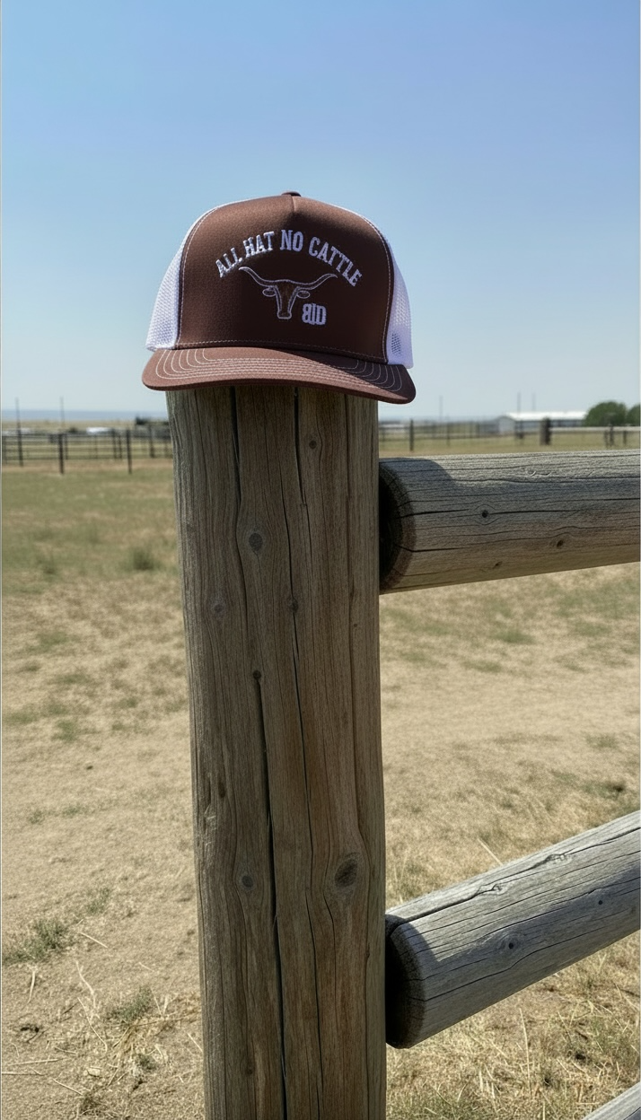 Brown and white trucker snapback hat with 'All Hat No Cattle' text on a wooden post with a rural landscape background.