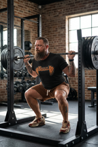 Man lifting weights in a gym setting wearing a BD Athletic Dept t shirt