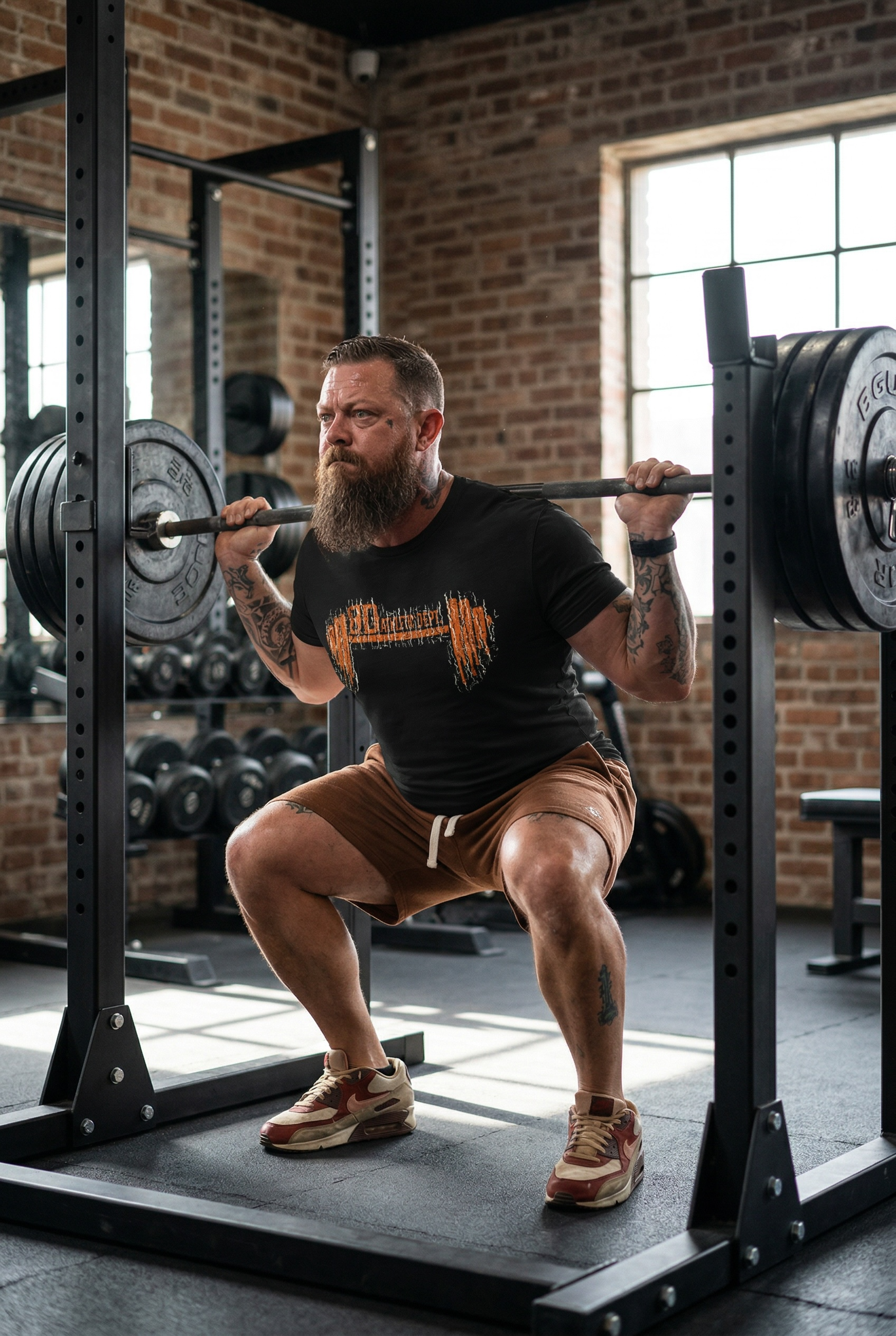 Man lifting weights in a gym setting wearing a BD Athletic Dept t shirt