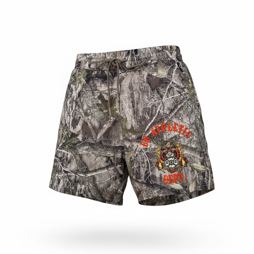 Camouflage shorts with BD Athletic Dept text and logo on a white background