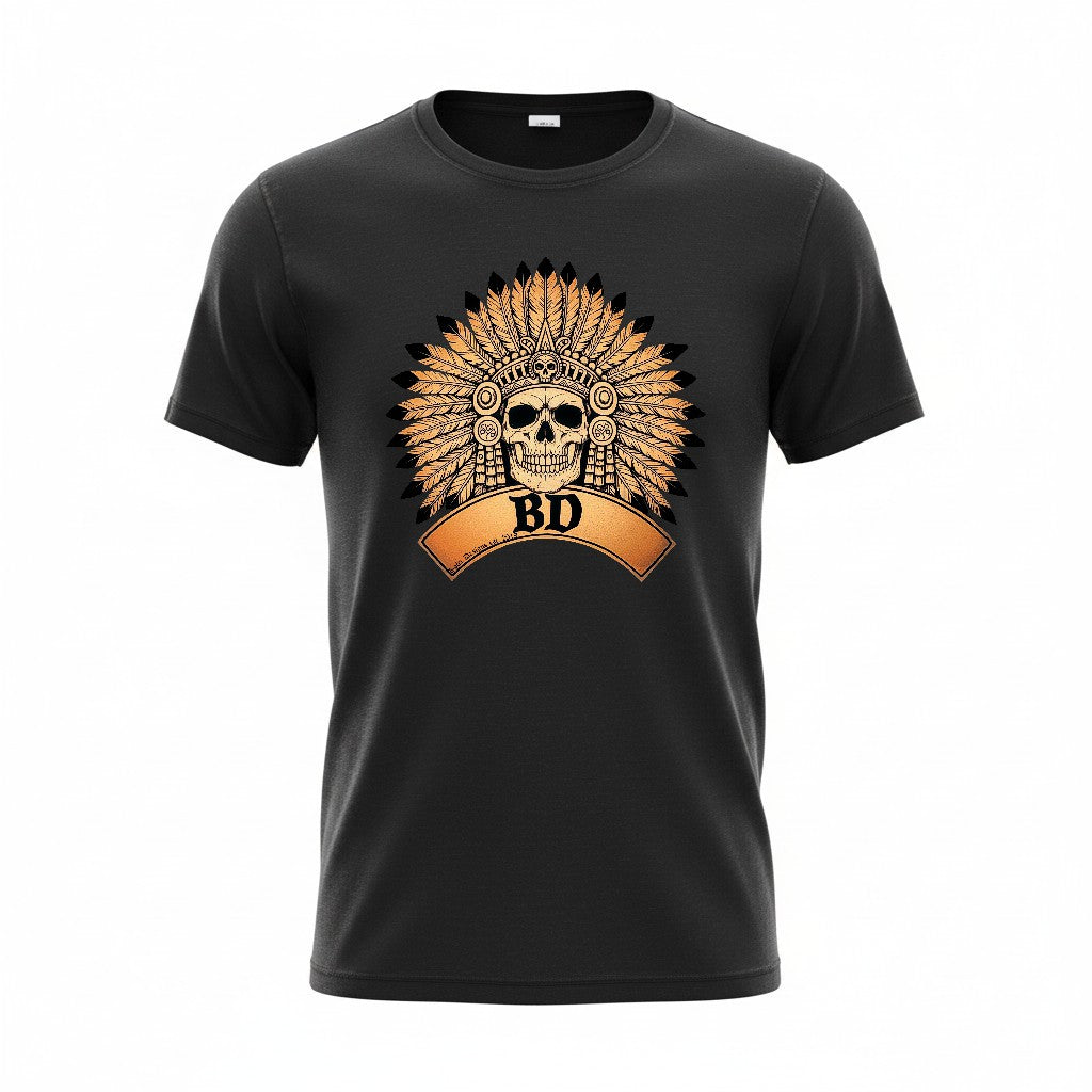 Black t-shirt with a skull design and 'BD' logo on a white background