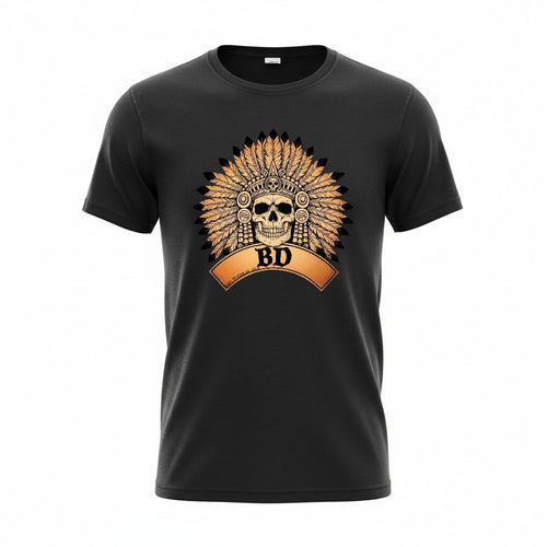 Black t-shirt with a skull design and 'BD' logo on a white background