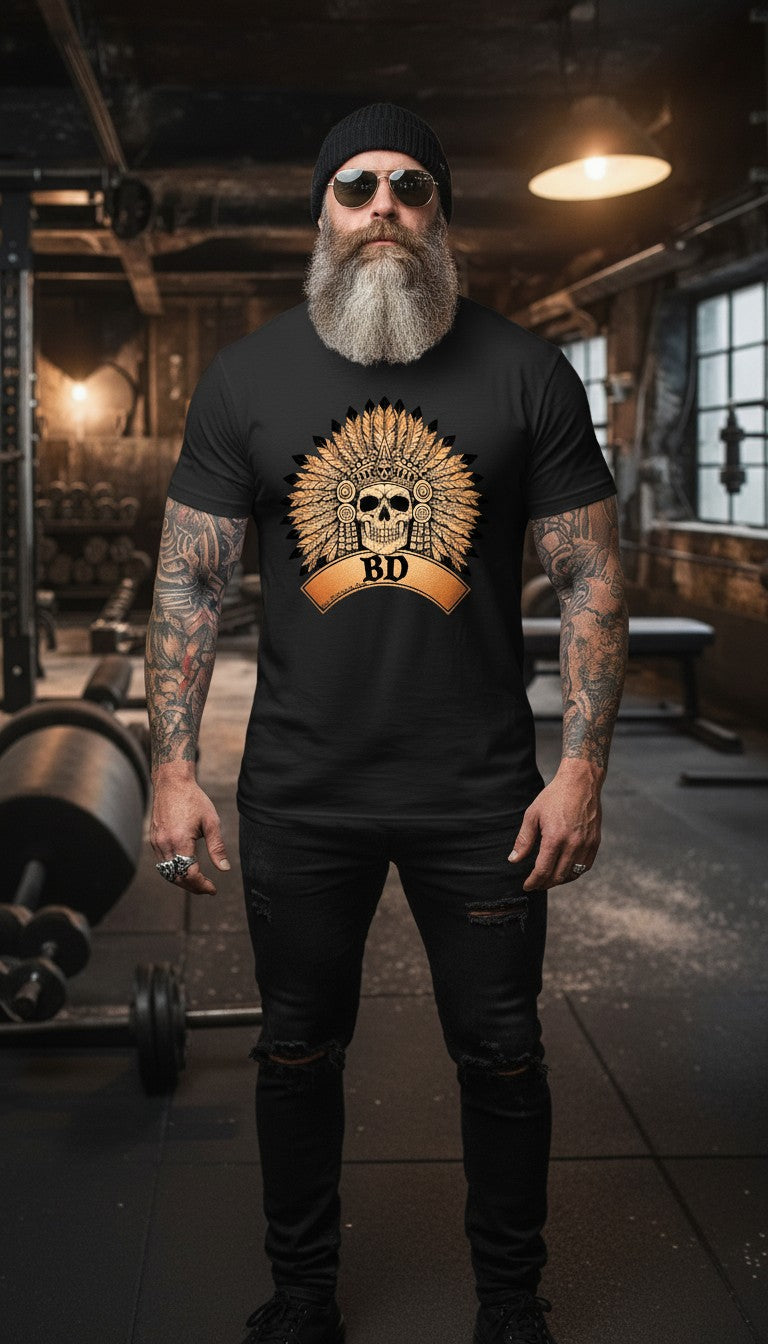 Man wearing a black t-shirt with a 'BD' logo and text in an gym setting