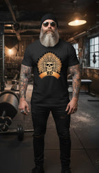 Man wearing a black t-shirt with a 'BD' logo and text in an gym setting