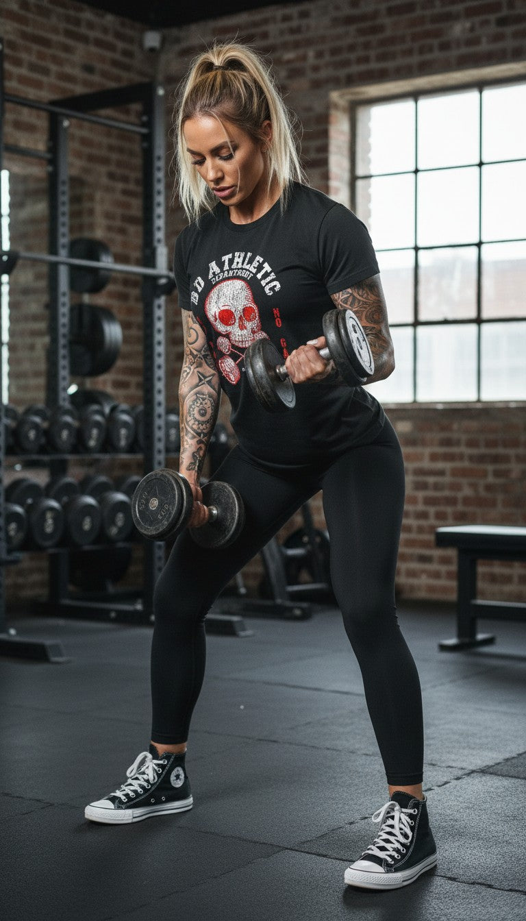 Woman lifting weights in a gym setting wearing a bd athletic dept iron cross t shirt