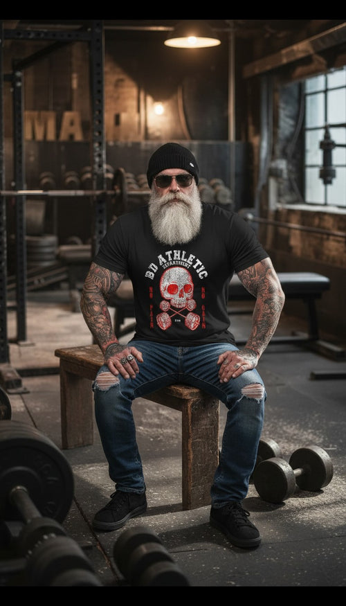 Man sitting on a wooden box in a gym wearing an bd athletic dept 'Iron Cross' t shirt with a skull design.
