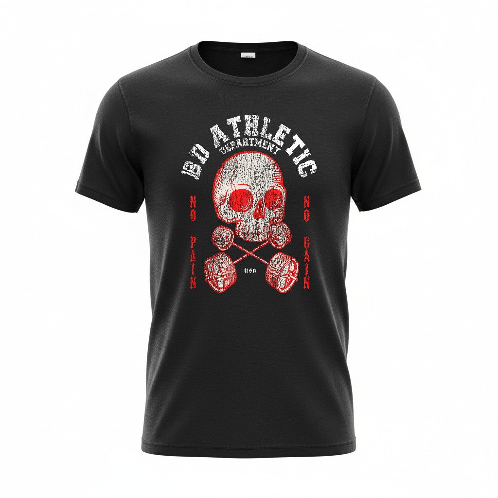 Black t-shirt with red and white bd athletic dept iron cross graphic design on a white background