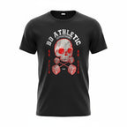 Black t-shirt with red and white bd athletic dept iron cross graphic design on a white background