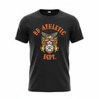 Black t-shirt with orange bd athletic dept iron tiger graphic design on a white background