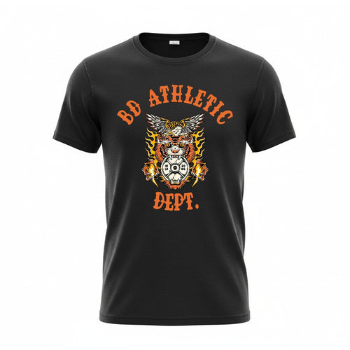 Black t-shirt with orange bd athletic dept iron tiger graphic design on a white background