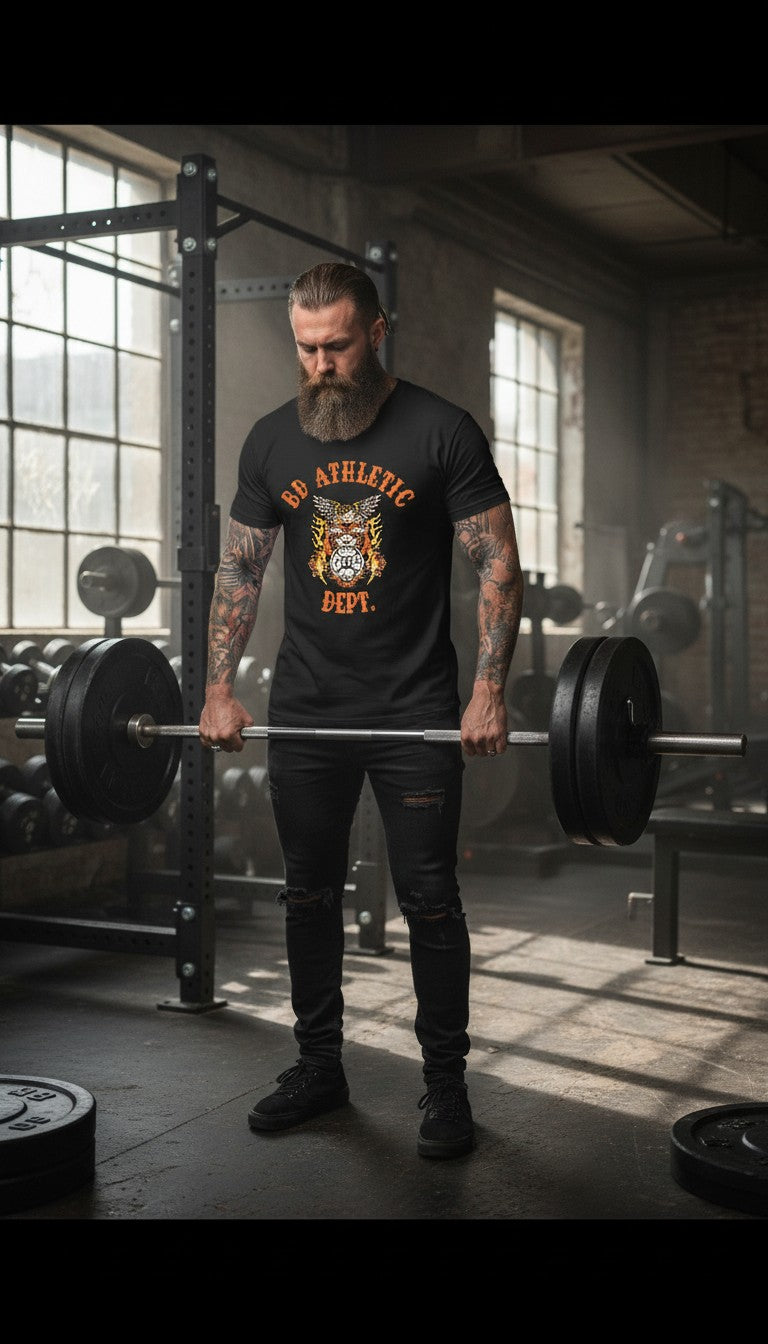 Man lifting weights in a gym wearing a black 'BD Athletic Dept.' iron tiger t-shirt.
