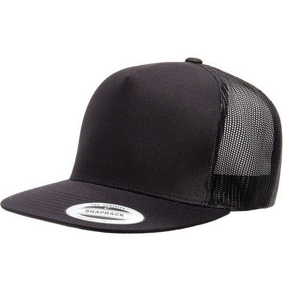 Black trucker cap with mesh back on a white background