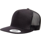 Black trucker cap with mesh back on a white background