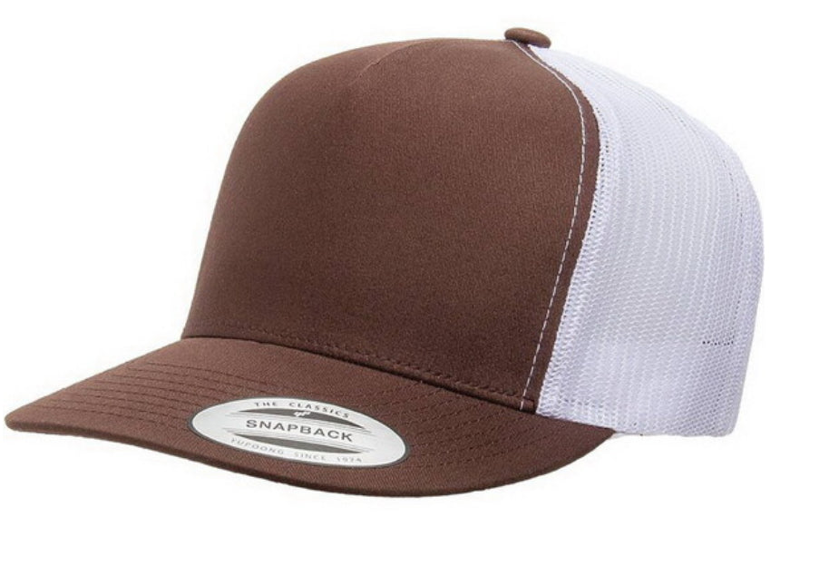 Brown and white trucker cap with a visible brand label on a white background