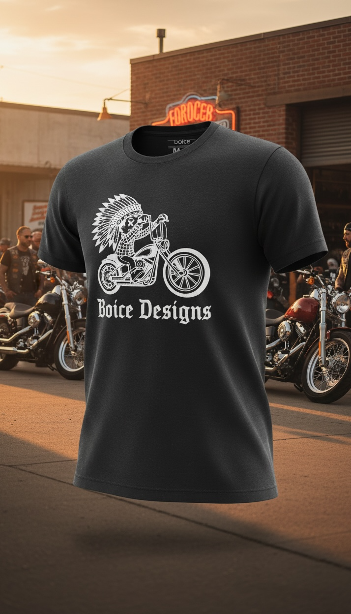 Black t-shirt with a graphic design and 'Boice Designs' text, set against a motorcycle shop background.
