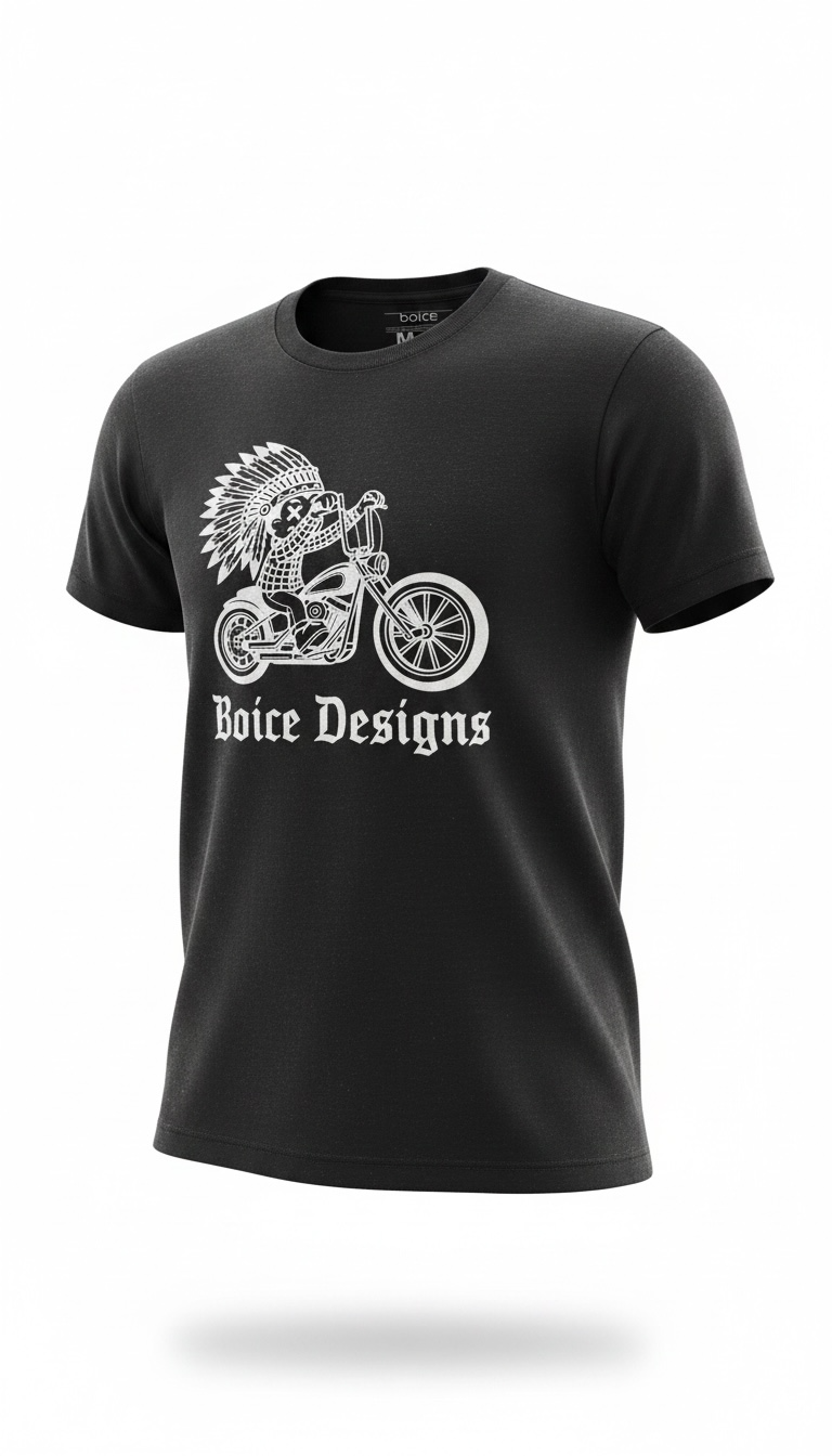 Black t-shirt with 'Boice Designs' text, indian motorcycle graphic on a white background