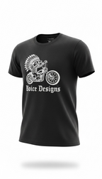 Black t-shirt with 'Boice Designs' text, indian motorcycle graphic on a white background