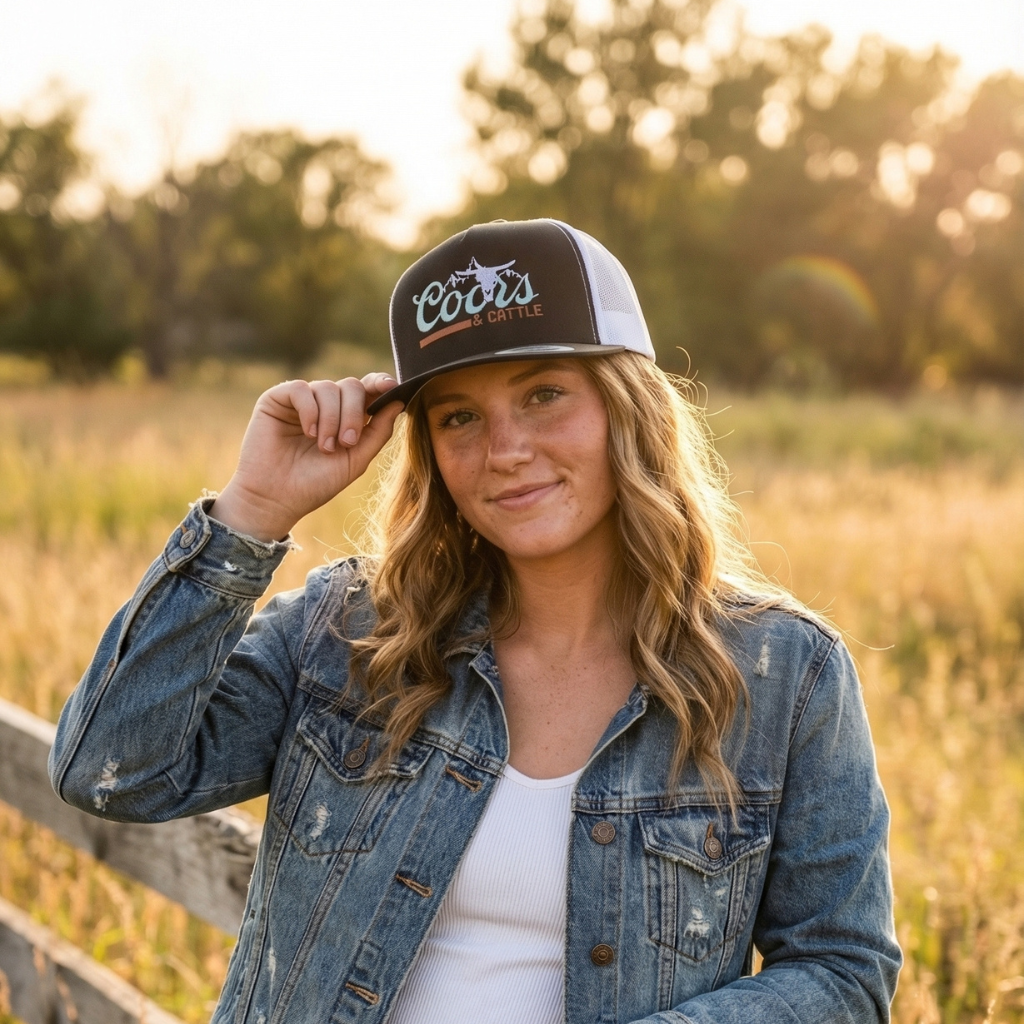 Woman wearing a denim jacket with a snapback hat "Coors & Cattle" text in a field with sunset lighting