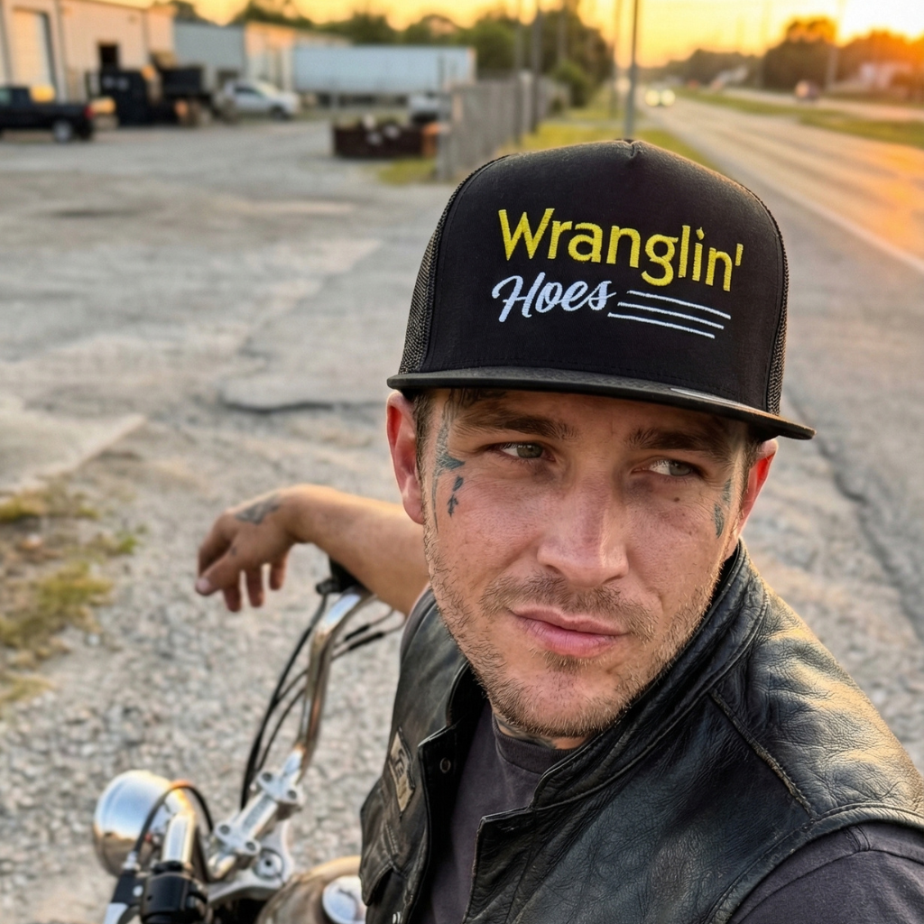 Man wearing a 'Wranglin' Hoes' snapback hat sitting on a motorcycle.