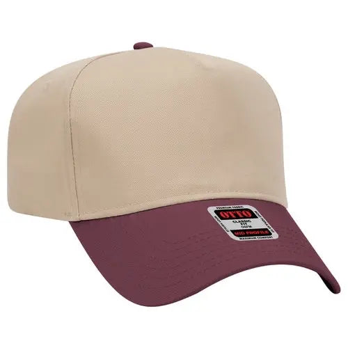 Beige and maroon snapback hat with a brand label on a white background
