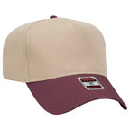 Beige and maroon snapback hat with a brand label on a white background