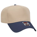 Beige and navy baseball snapback hat with a brand label on a white background