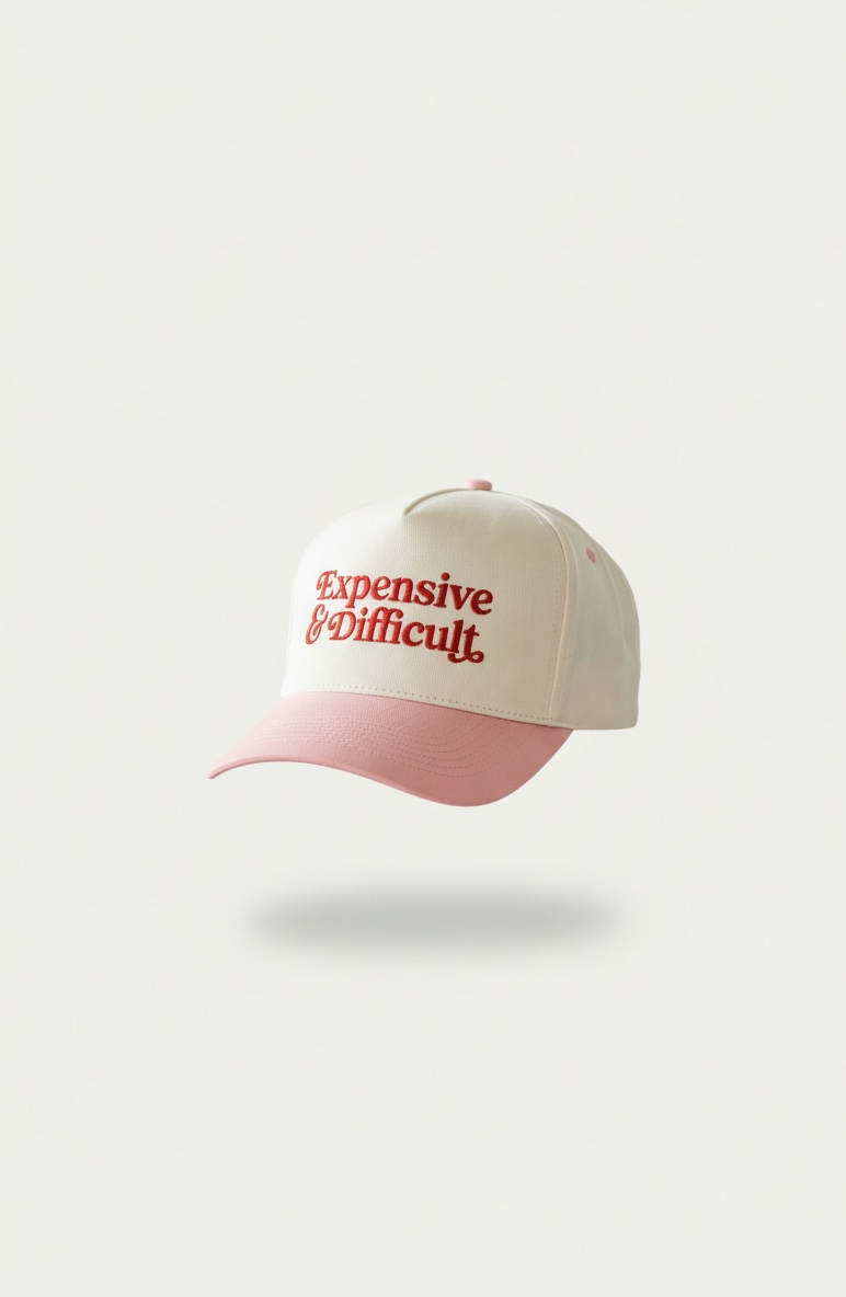 Beige and pink snapback hat with 'Expensive and Difficult' text on a white background