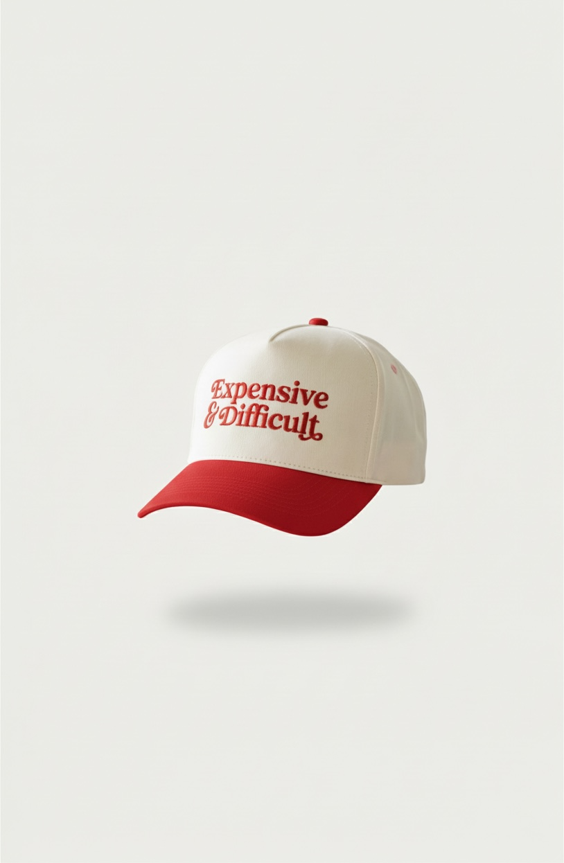 Beige and red snapback hat with 'Expensive and Difficult' text on a white background