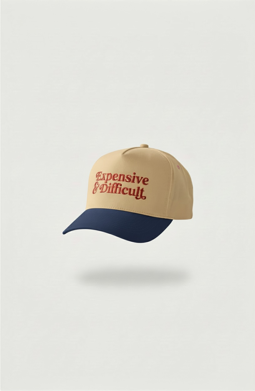 Beige and blue snapback hat with 'Expensive and Difficult' text on a white background