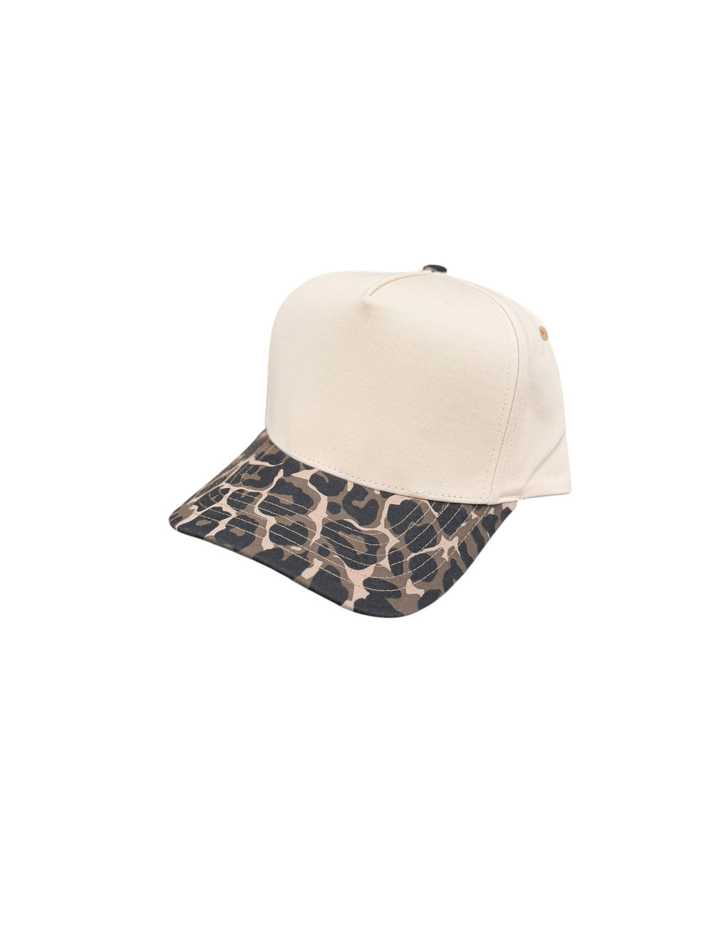 Beige and duck camo snapback hat with 'Expensive and Difficult' text on a white background