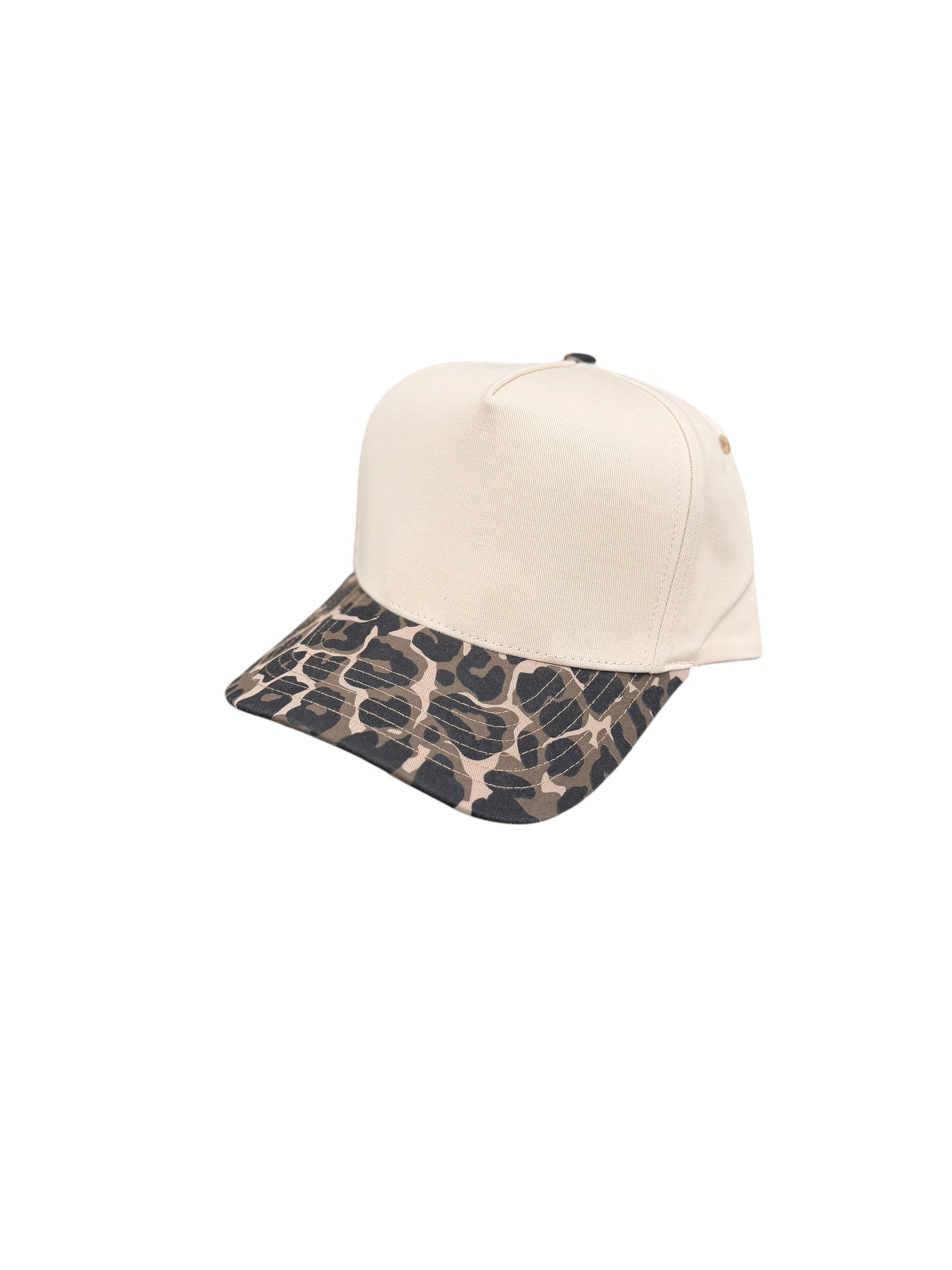 Beige and duck camo snapback hat with 'Expensive and Difficult' text on a white background