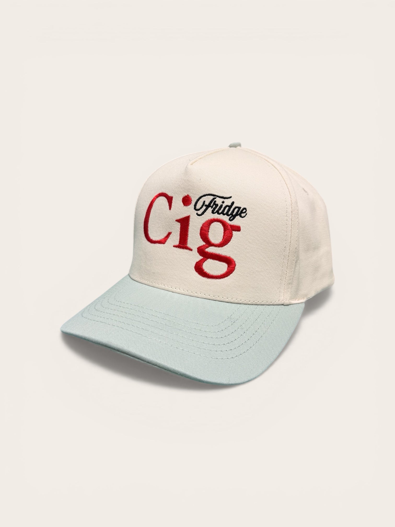 Beige snapback hat with "fridge cig" text and seafoam brim on a white background