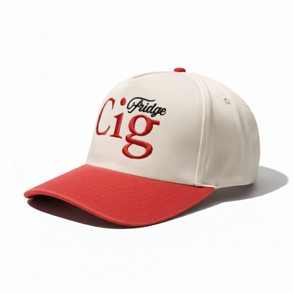 Beige snapback hat with "fridge cig" text and red brim on a white background