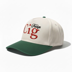 Beige snapback hat with "fridge cig" text and green brim on a white background