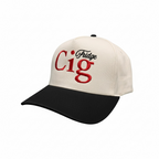 Beige snapback hat with "fridge cig" text and black brim on a white background