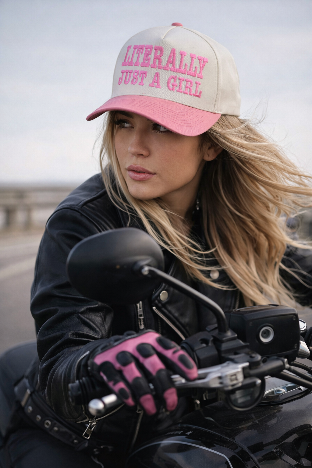 Woman riding a motorcycle wearing a cap and gloves with text