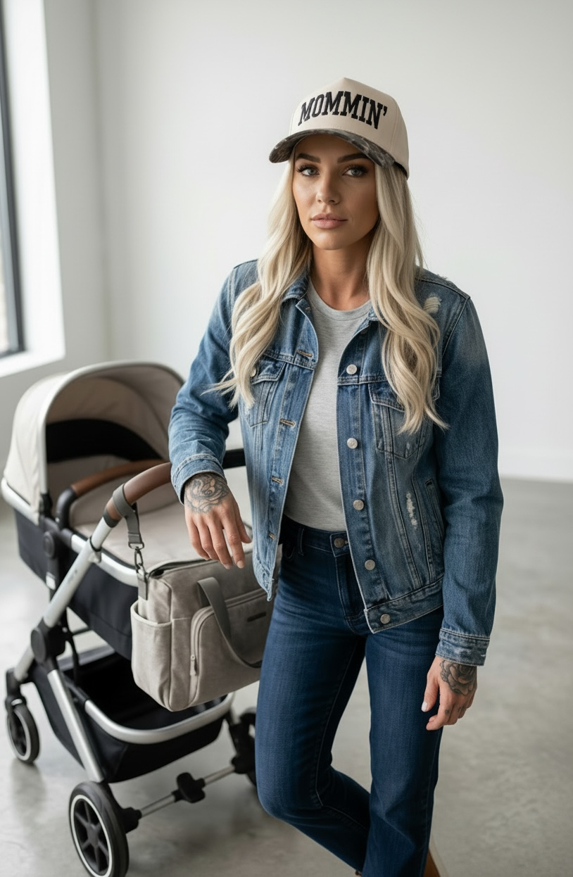 Woman in denim jacket and snapback hat that says "MOMMIN'" standing next to a stroller indoors