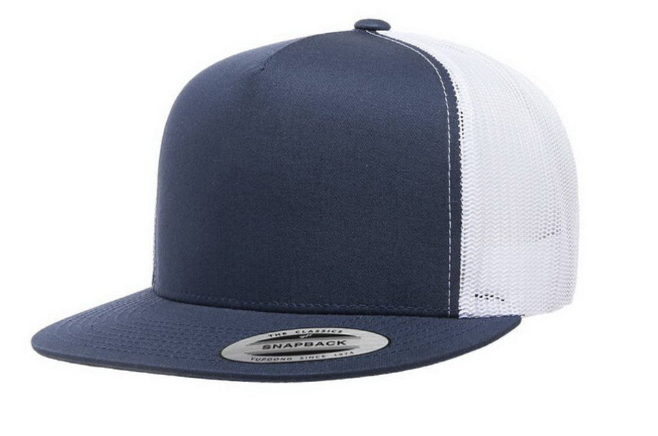 Navy and white trucker hat on a white background