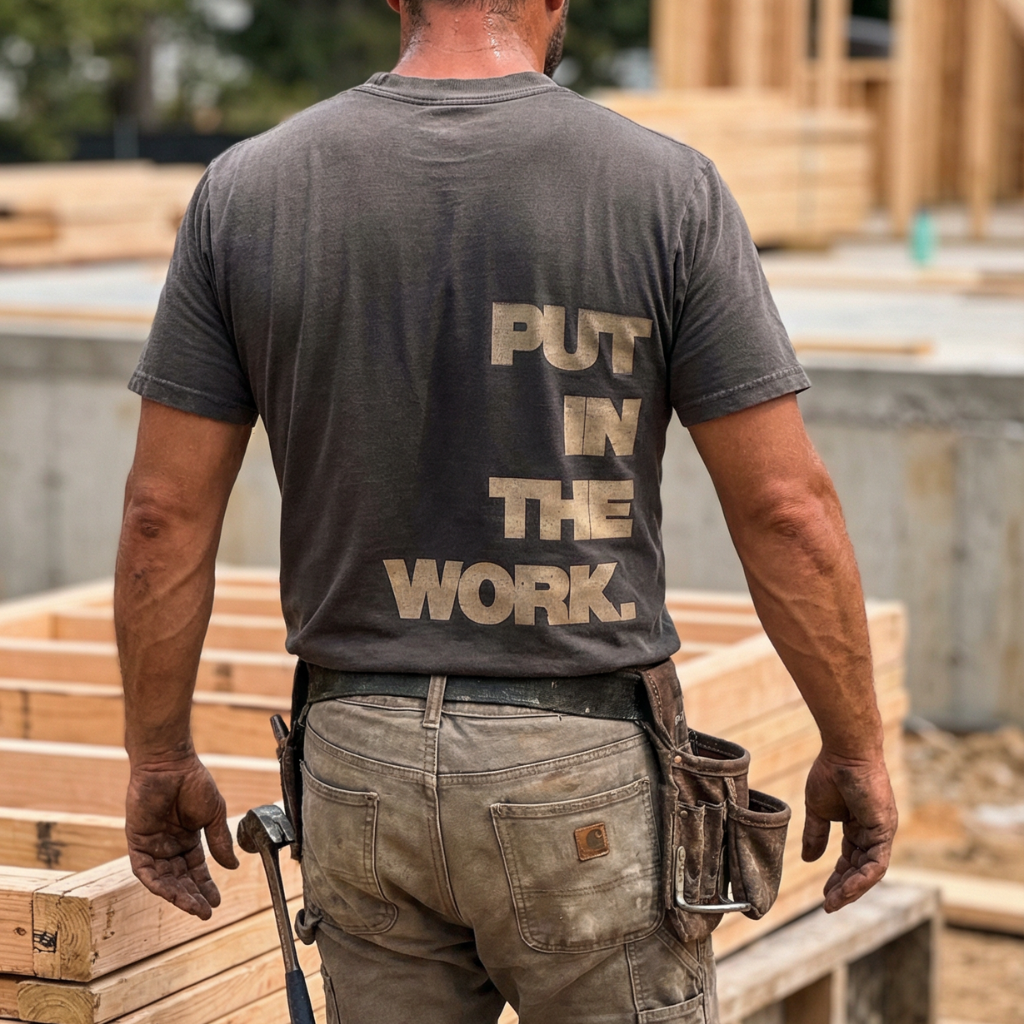 Man wearing a t-shirt with 'Put in the Work' made by boice designs on the back at a construction site.