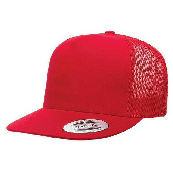 Red snapback hat with mesh back on a white background