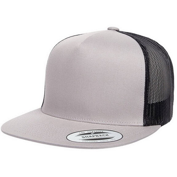 silver trucker cap with black mesh back on a white background