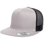 silver trucker cap with black mesh back on a white background