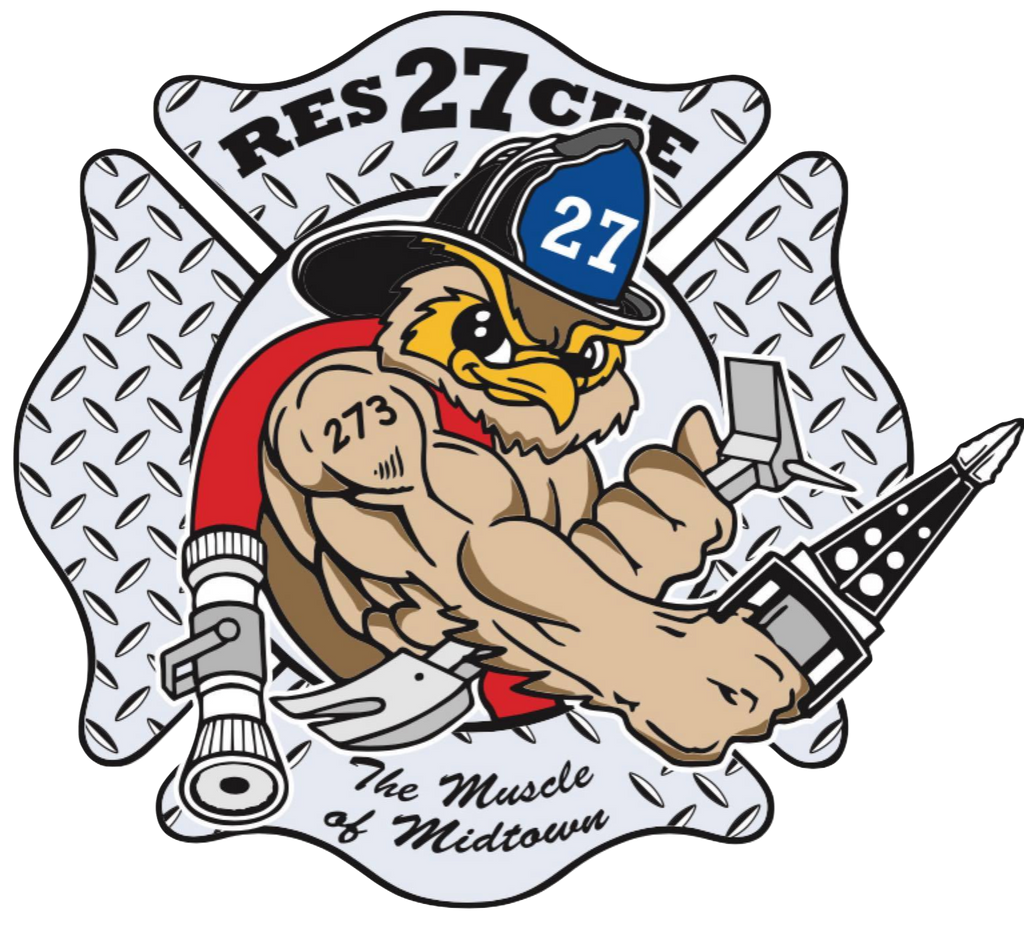 Logo of a muscular owl wearing a firefighter helmet with 'RES 27 CUE' text, holding a hose.
