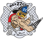 Logo of a muscular owl wearing a firefighter helmet with 'RES 27 CUE' text, holding a hose.