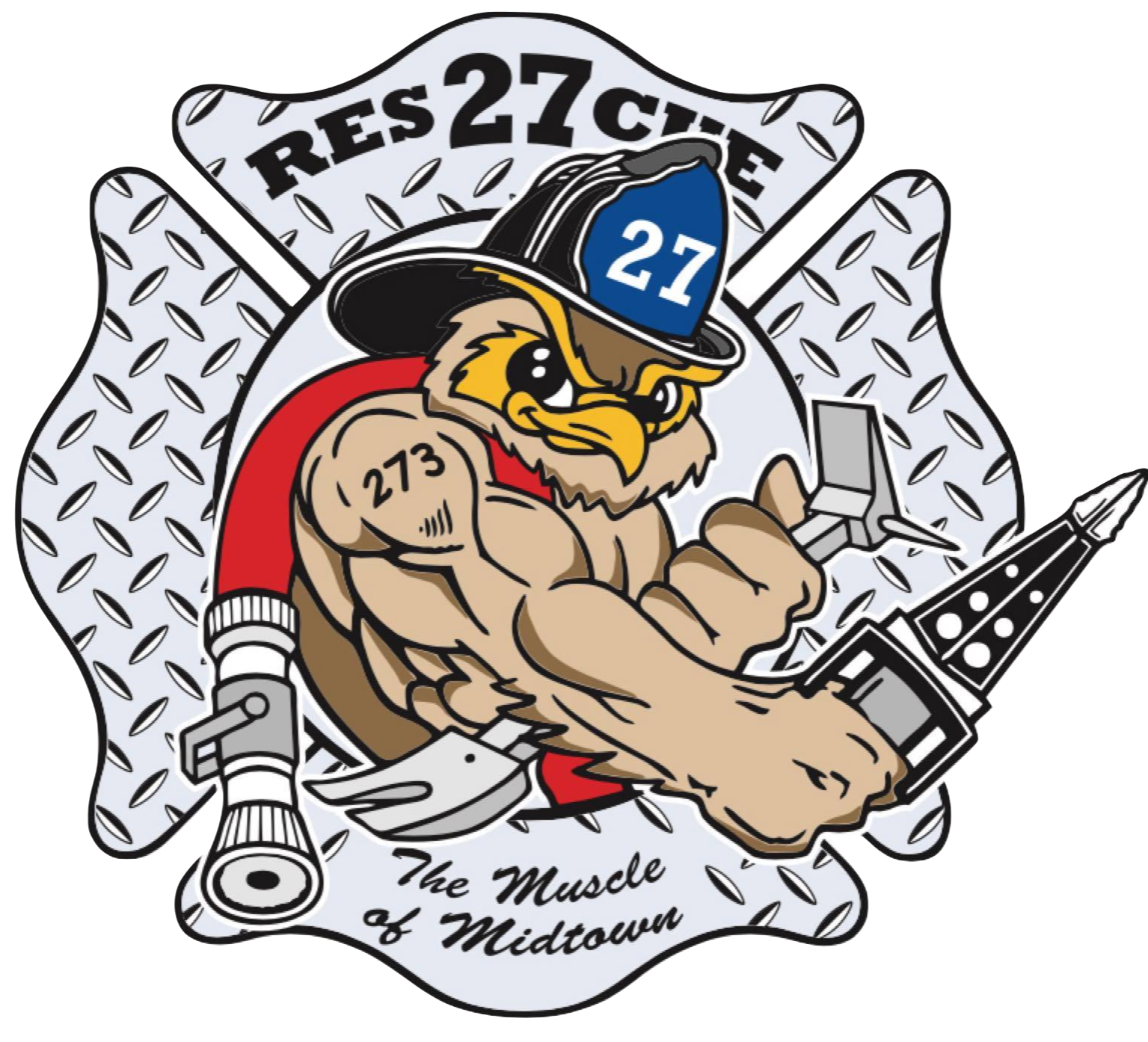 Logo of a muscular owl wearing a firefighter helmet with 'RES 27 CUE' text, holding a hose.