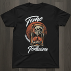 Black t-shirt with a time under tension graphic design featuring a skull and hourglass on a wooden surface