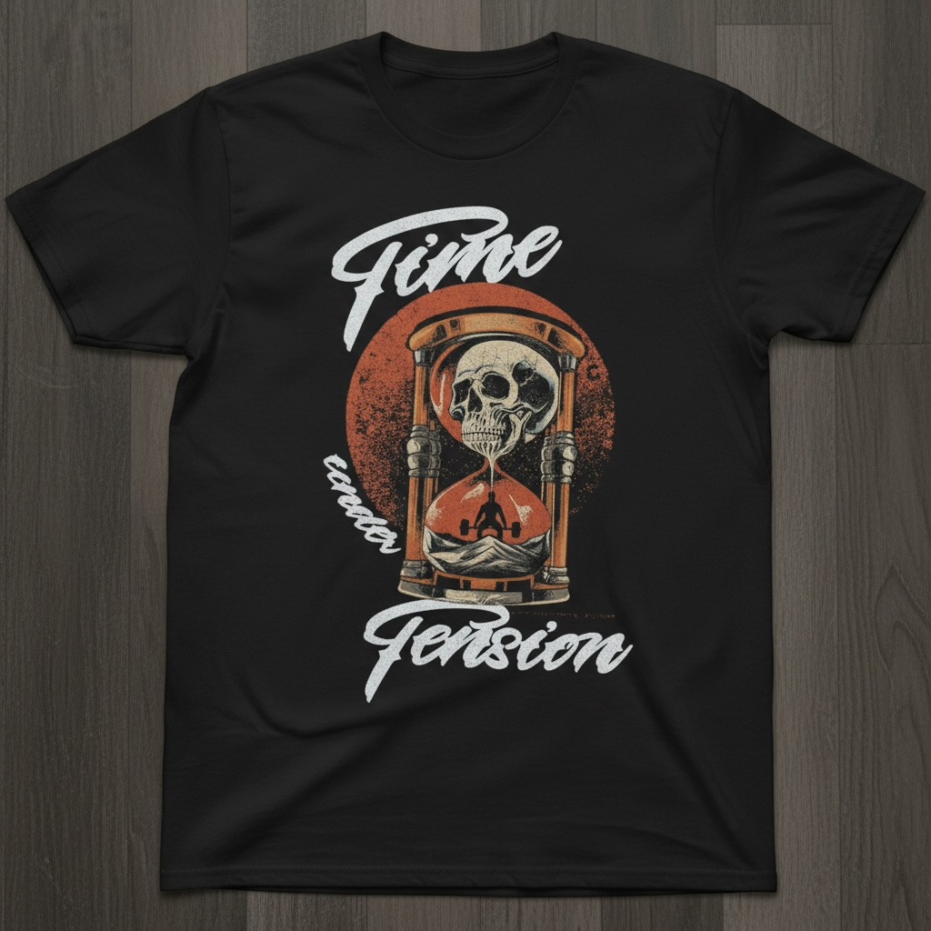 Black t-shirt with a time under tension graphic design featuring a skull and hourglass on a wooden surface