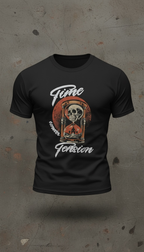 Black t-shirt with a time under tension graphic design featuring a skull and text on a concrete background