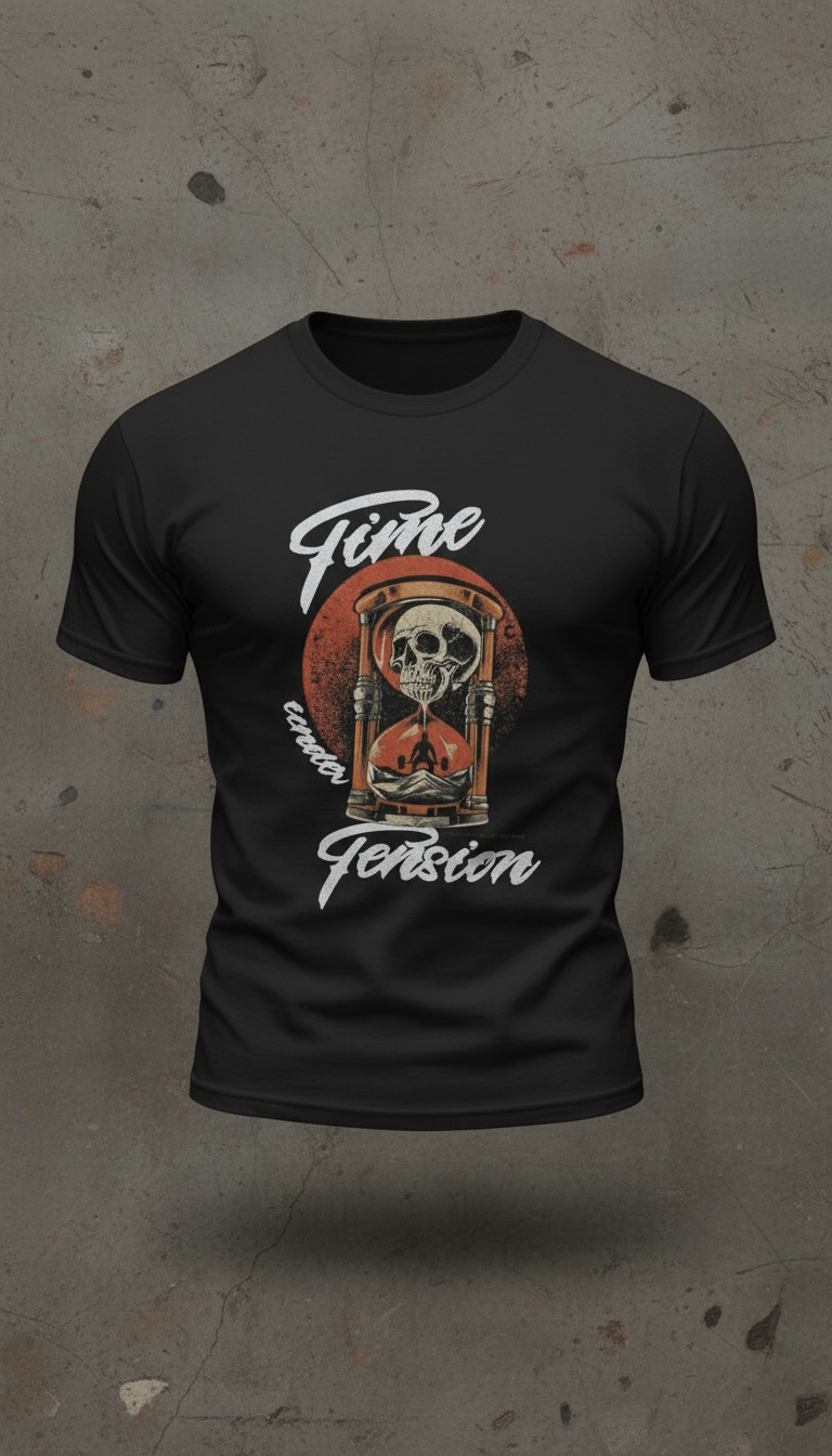 Black t-shirt with a time under tension graphic design featuring a skull and text on a concrete background